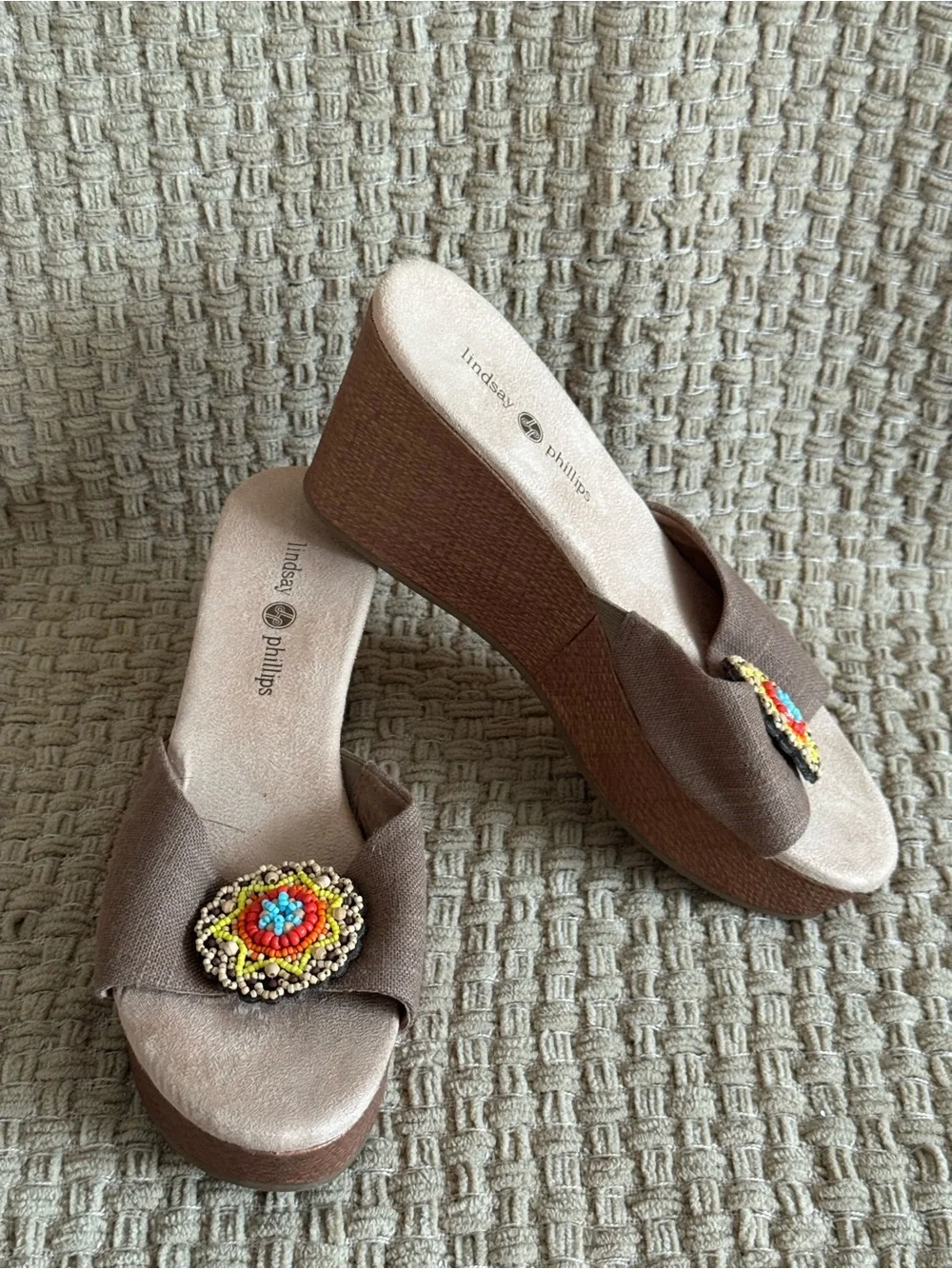 lindsay phillips Brown Wedge Sandals with Multicolor Beaded Medallion